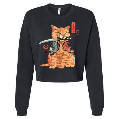 Japanese Samurai Ninja Cat Kawaii Attoo Zip Cropped Pullover Crew