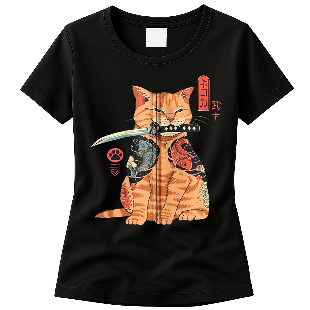 Japanese Samurai Ninja Cat Kawaii Attoo Zip Womens T-Shirt