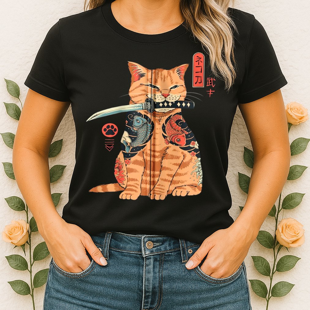 Japanese Samurai Ninja Cat Kawaii Attoo Zip Womens T-Shirt