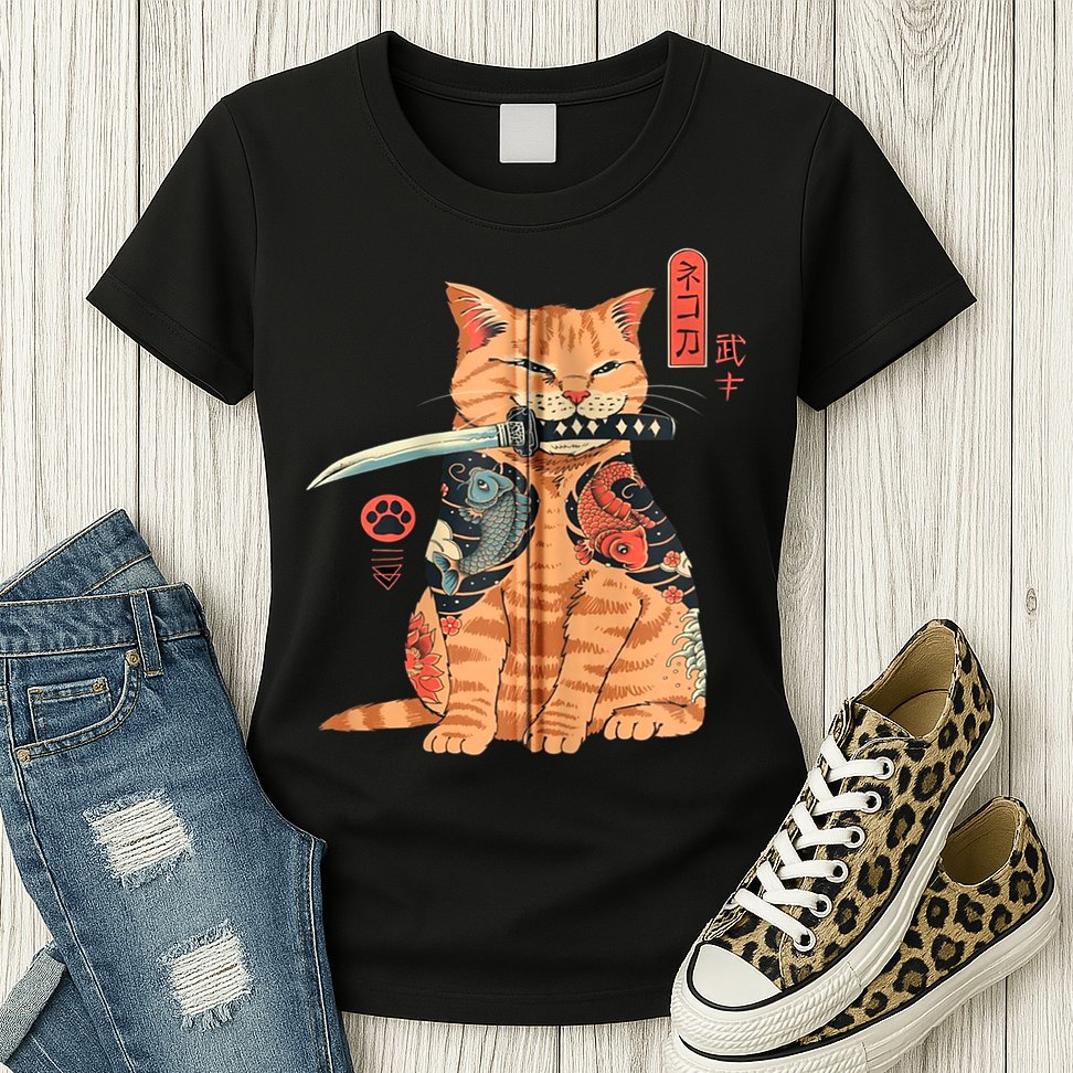 Japanese Samurai Ninja Cat Kawaii Attoo Zip Womens T-Shirt