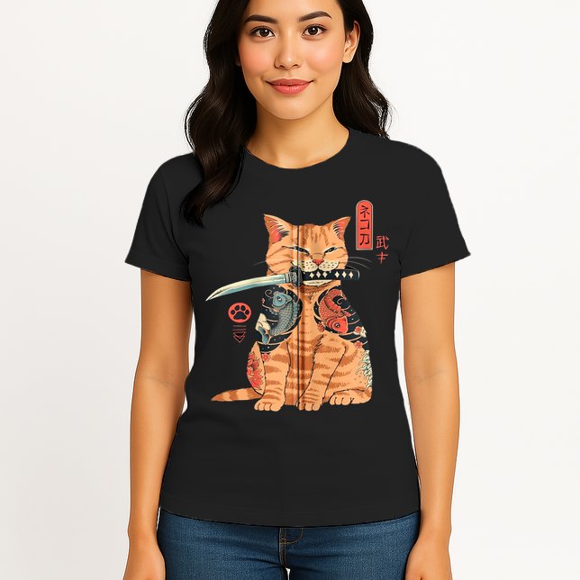 Japanese Samurai Ninja Cat Kawaii Attoo Zip Womens T-Shirt