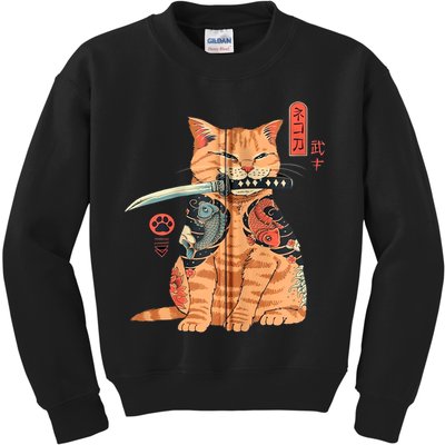 Japanese Samurai Ninja Cat Kawaii Attoo Zip Kids Sweatshirt