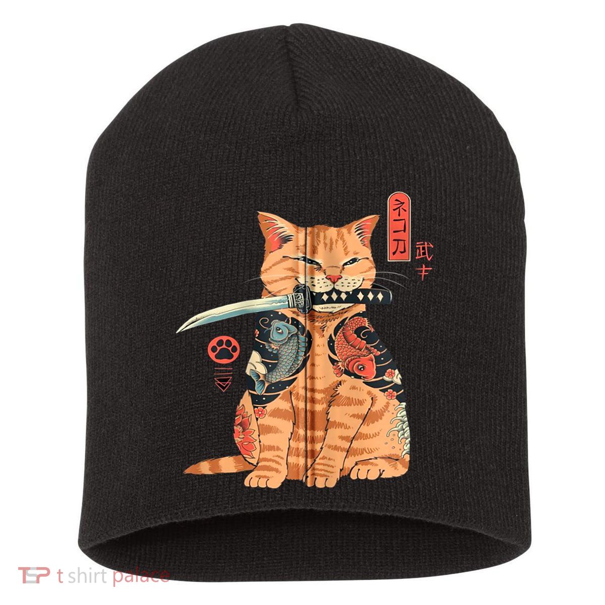 Japanese Samurai Ninja Cat Kawaii Attoo Zip Short Acrylic Beanie