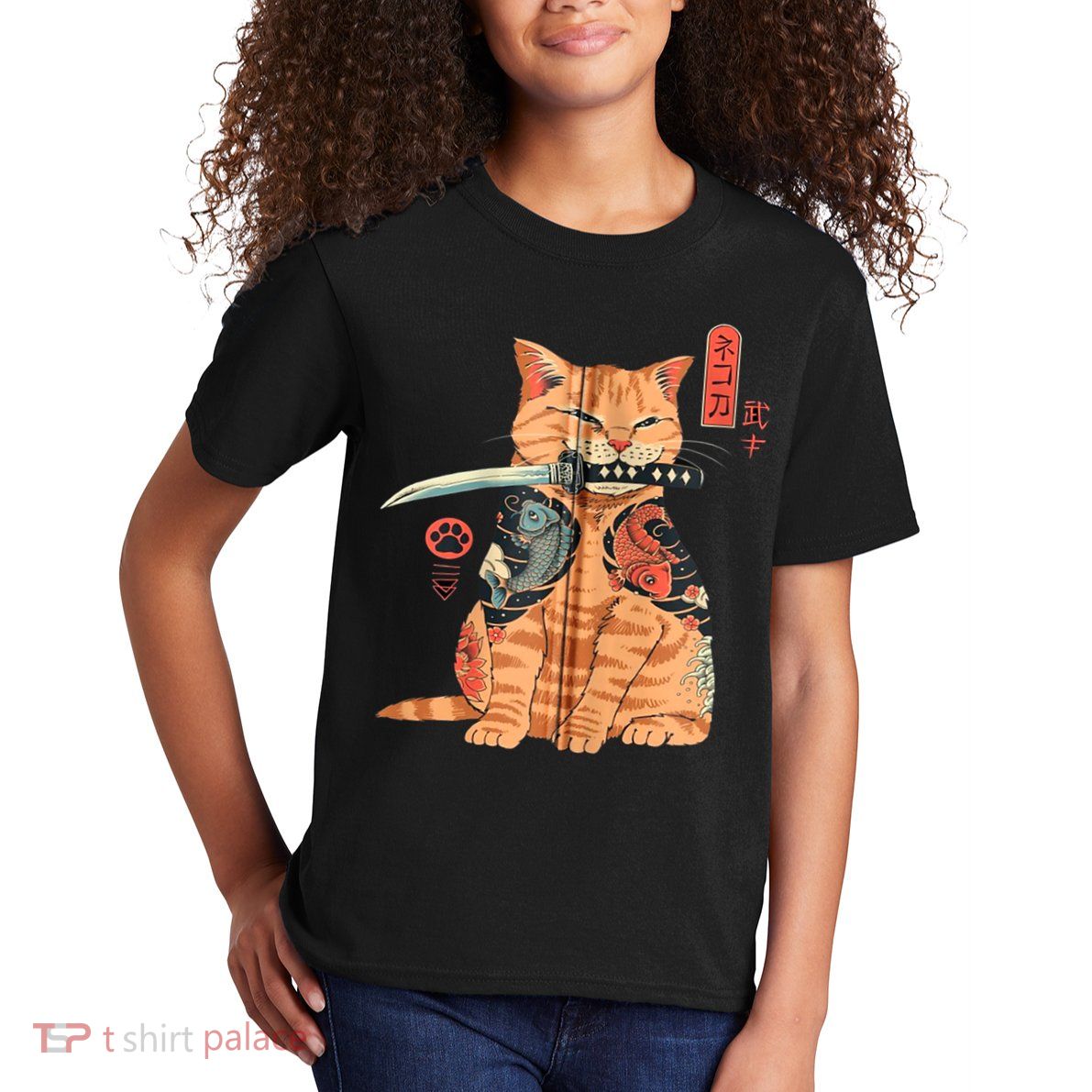 Japanese Samurai Ninja Cat Kawaii Attoo Zip Kids T-Shirt