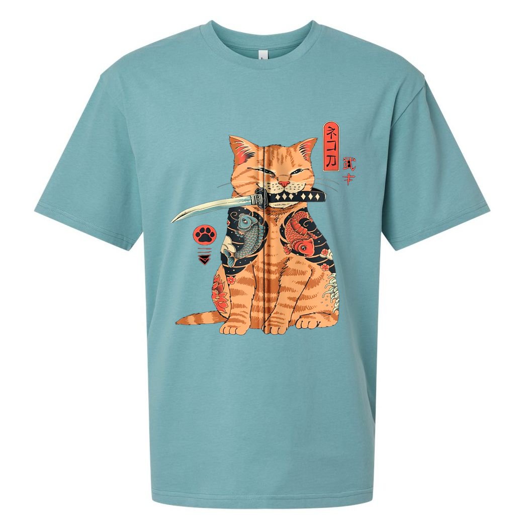 Japanese Samurai Ninja Cat Kawaii Attoo Zip Sueded Cloud Jersey T-Shirt