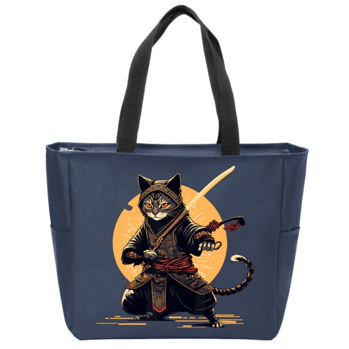 Japanese Samurai Ninja Cat Anime Kawaii Catzilla Cat Zip Tote Bag