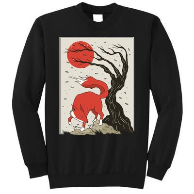 Japanese Style Painting Of The Fox, Tree And Sun Sweatshirt