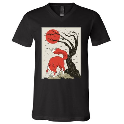 Japanese Style Painting Of The Fox, Tree And Sun V-Neck T-Shirt