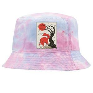 Japanese Style Painting Of The Fox, Tree And Sun Tie-Dyed Bucket Hat