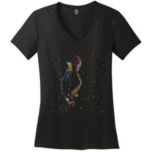 Jazz Saxophone Player Colorful Abstract Art Sax Musician Fan Women's V-Neck T-Shirt