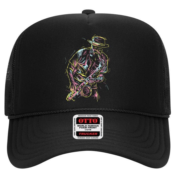 Jazz Saxophone Player Colorful Abstract Art Sax Musician Fan High Crown Mesh Back Trucker Hat