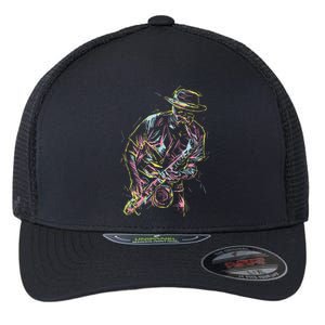 Jazz Saxophone Player Colorful Abstract Art Sax Musician Fan Flexfit Unipanel Trucker Cap