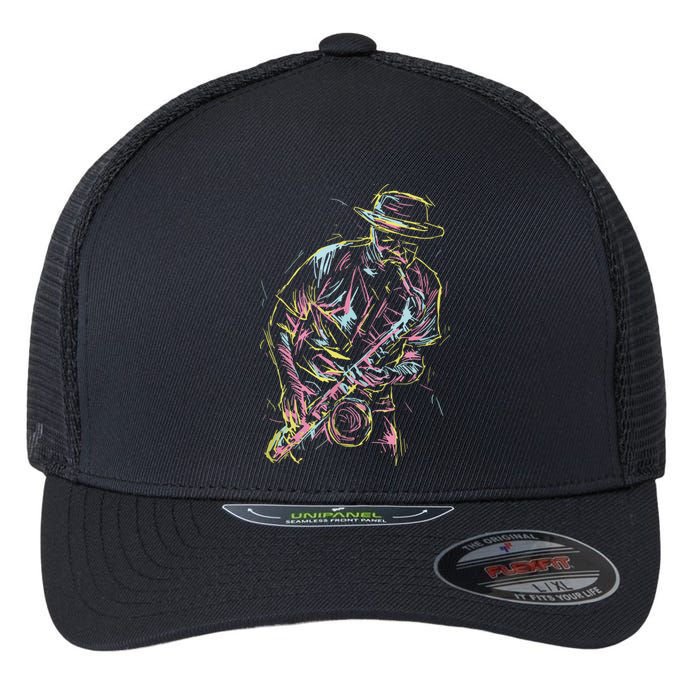 Jazz Saxophone Player Colorful Abstract Art Sax Musician Fan Flexfit Unipanel Trucker Cap