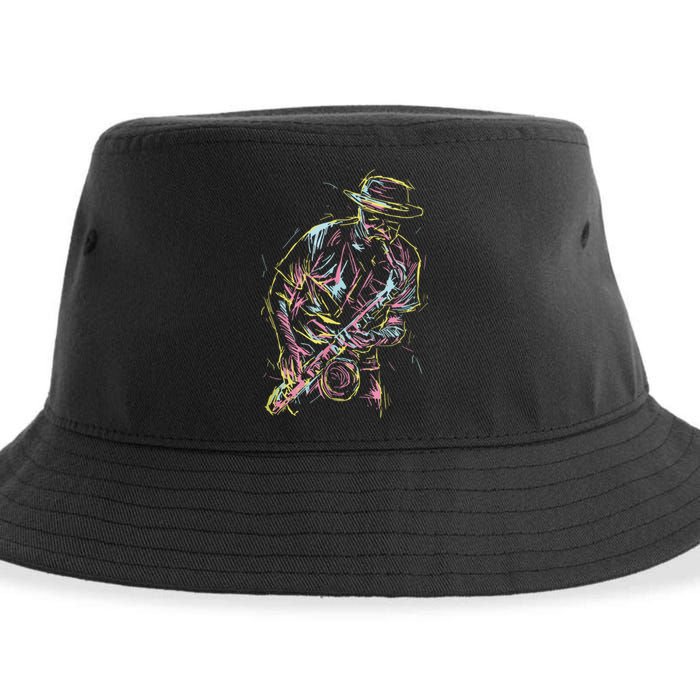 Jazz Saxophone Player Colorful Abstract Art Sax Musician Fan Sustainable Bucket Hat