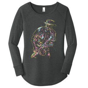 Jazz Saxophone Player Colorful Abstract Art Sax Musician Fan Women's Perfect Tri Tunic Long Sleeve Shirt