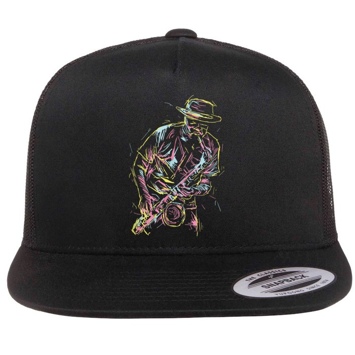 Jazz Saxophone Player Colorful Abstract Art Sax Musician Fan Flat Bill Trucker Hat