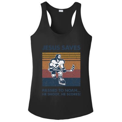 Jesus Saves Passes To Noah He Shoots He Scores Ladies PosiCharge Competitor Racerback Tank