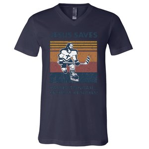 Jesus Saves Passes To Noah He Shoots He Scores V-Neck T-Shirt