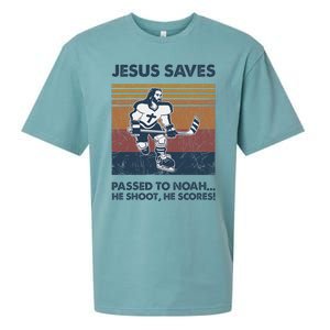 Jesus Saves Passes To Noah He Shoots He Scores Sueded Cloud Jersey T-Shirt