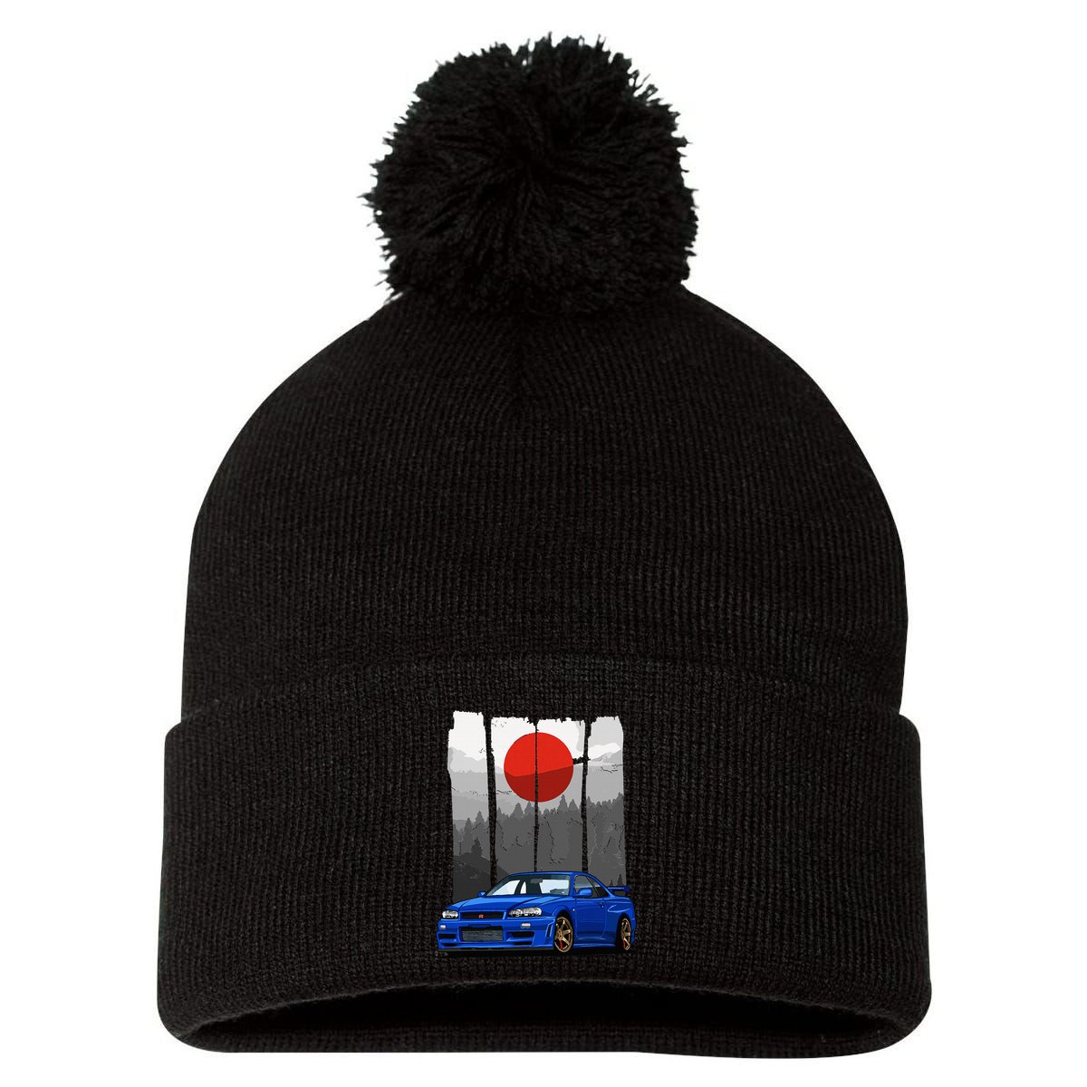 Jdm Skyline R34 Car Tuning Japan Rising Sun Drift Pom Pom 12in Knit Beanie