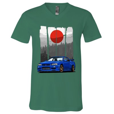 Jdm Skyline R34 Car Tuning Japan Rising Sun Drift V-Neck T-Shirt