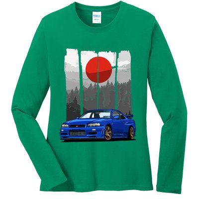 Jdm Skyline R34 Car Tuning Japan Rising Sun Drift Ladies Long Sleeve Shirt
