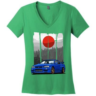Jdm Skyline R34 Car Tuning Japan Rising Sun Drift Women's V-Neck T-Shirt
