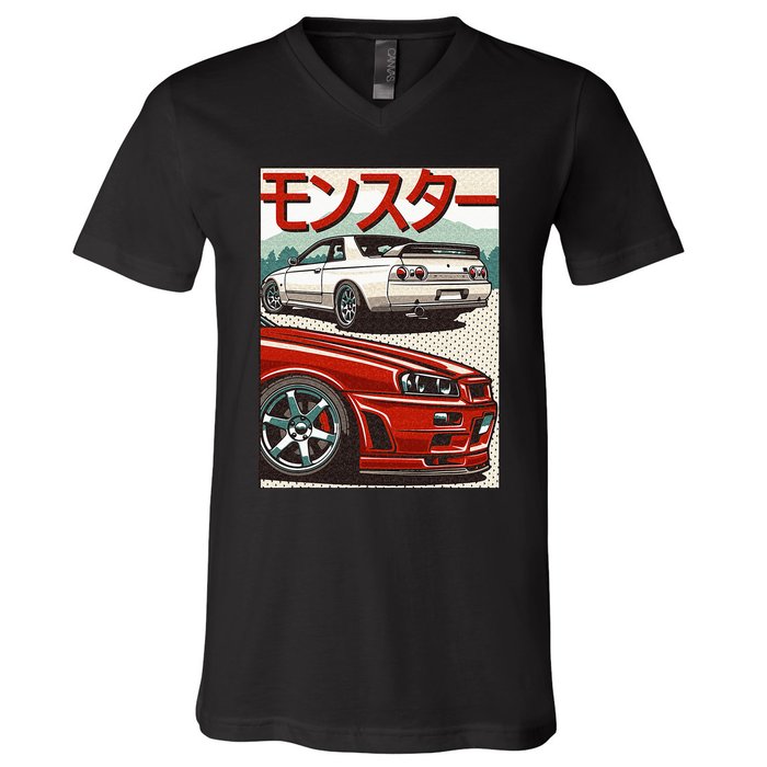 JDM Skyline R32 Car Tuning Japan Rising Sun Drift V-Neck T-Shirt