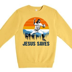 Jesus Saves Retro Baseball Pitcher Premium Crewneck Sweatshirt