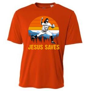 Jesus Saves Retro Baseball Pitcher Cooling Performance Crew T-Shirt