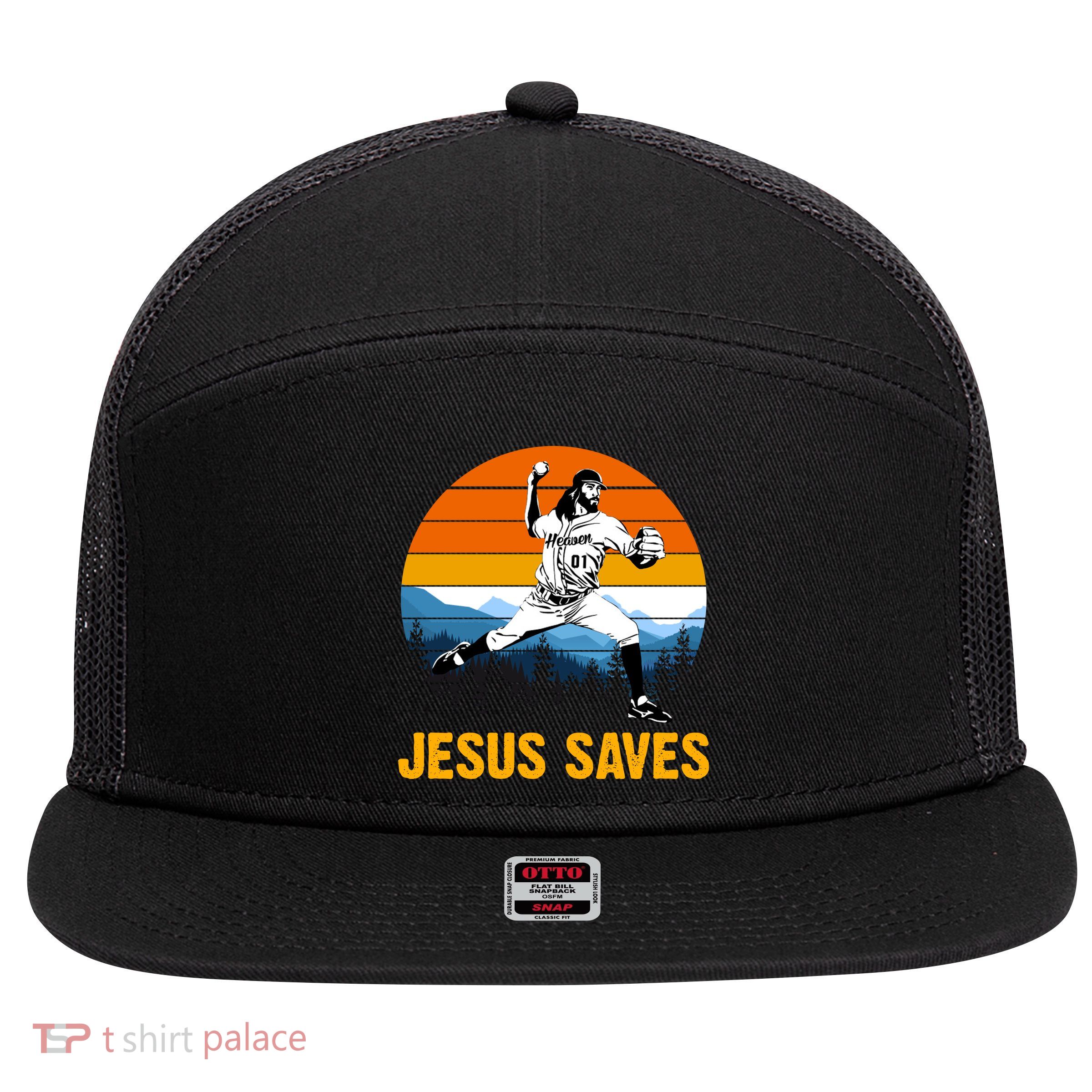 Jesus Saves Retro Baseball Pitcher 7 Panel Mesh Trucker Snapback Hat
