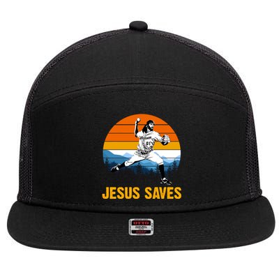 Jesus Saves Retro Baseball Pitcher 7 Panel Mesh Trucker Snapback Hat