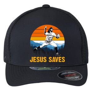 Jesus Saves Retro Baseball Pitcher Flexfit Unipanel Trucker Cap