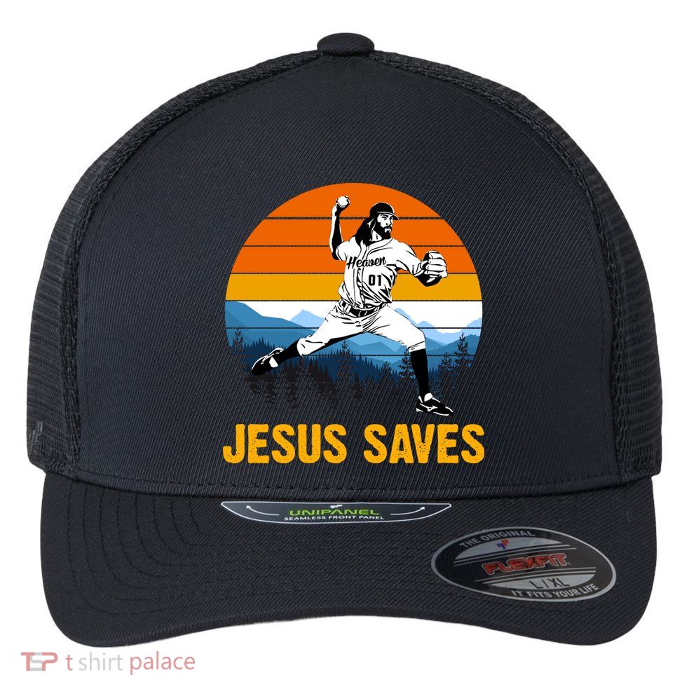 Jesus Saves Retro Baseball Pitcher Flexfit Unipanel Trucker Cap