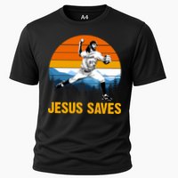 Jesus Saves Retro Baseball Pitcher Cooling Performance Crew T-Shirt