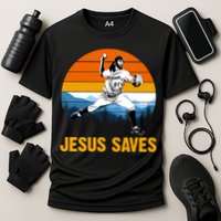Jesus Saves Retro Baseball Pitcher Cooling Performance Crew T-Shirt