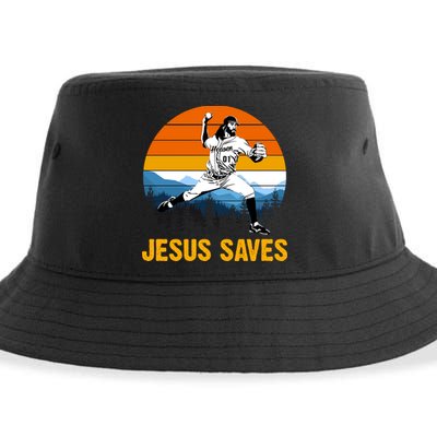 Jesus Saves Retro Baseball Pitcher Sustainable Bucket Hat
