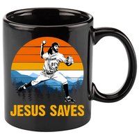 Jesus Saves Retro Baseball Pitcher 11oz C Handle Ceramic Mug