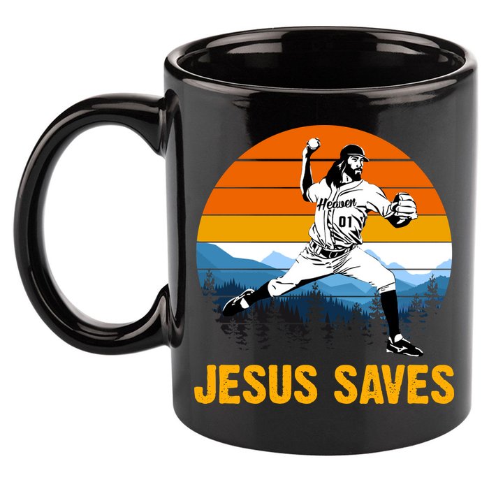 Jesus Saves Retro Baseball Pitcher 11oz C Handle Ceramic Mug