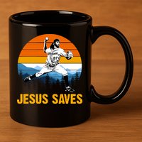 Jesus Saves Retro Baseball Pitcher 11oz C Handle Ceramic Mug