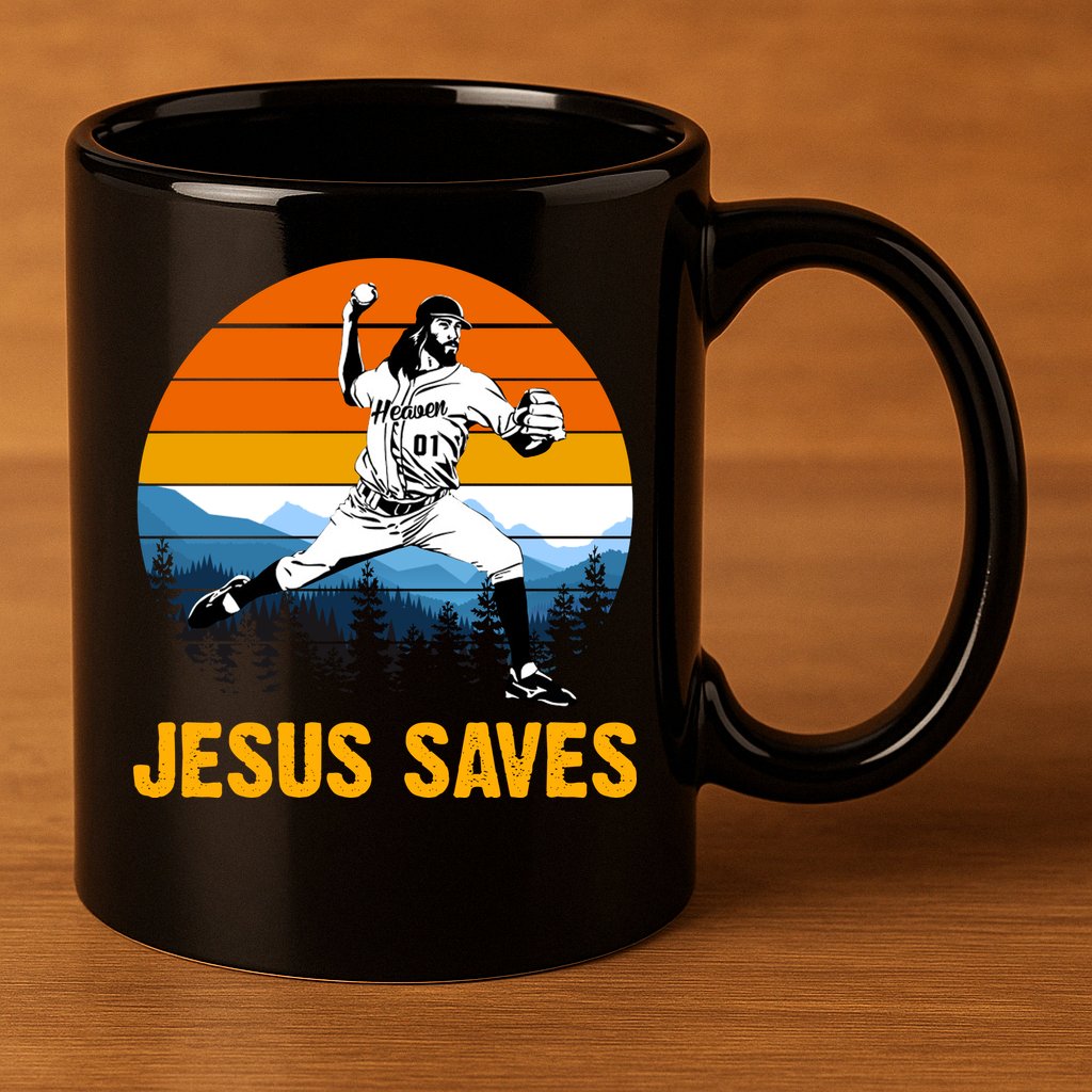 Jesus Saves Retro Baseball Pitcher 11oz C Handle Ceramic Mug