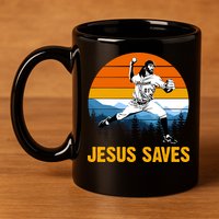 Jesus Saves Retro Baseball Pitcher 11oz C Handle Ceramic Mug
