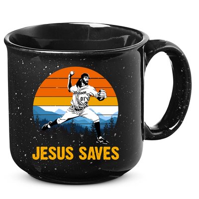 Jesus Saves Retro Baseball Pitcher 15oz Campfire Ceramic Mug