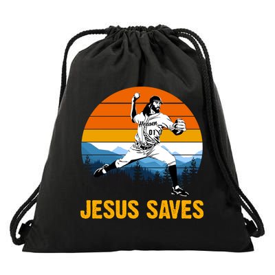 Jesus Saves Retro Baseball Pitcher Drawstring Bag