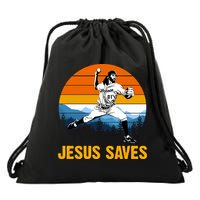 Jesus Saves Retro Baseball Pitcher Drawstring Bag