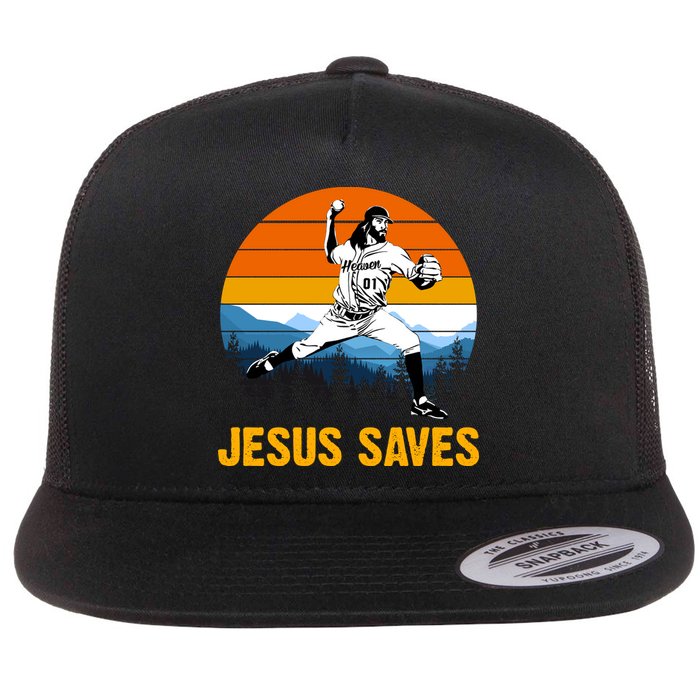 Jesus Saves Retro Baseball Pitcher Flat Bill Trucker Hat