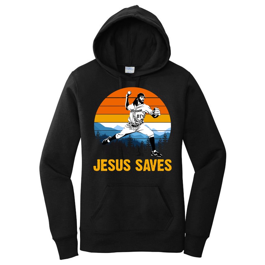 Jesus Saves Retro Baseball Pitcher Women's Pullover Hoodie