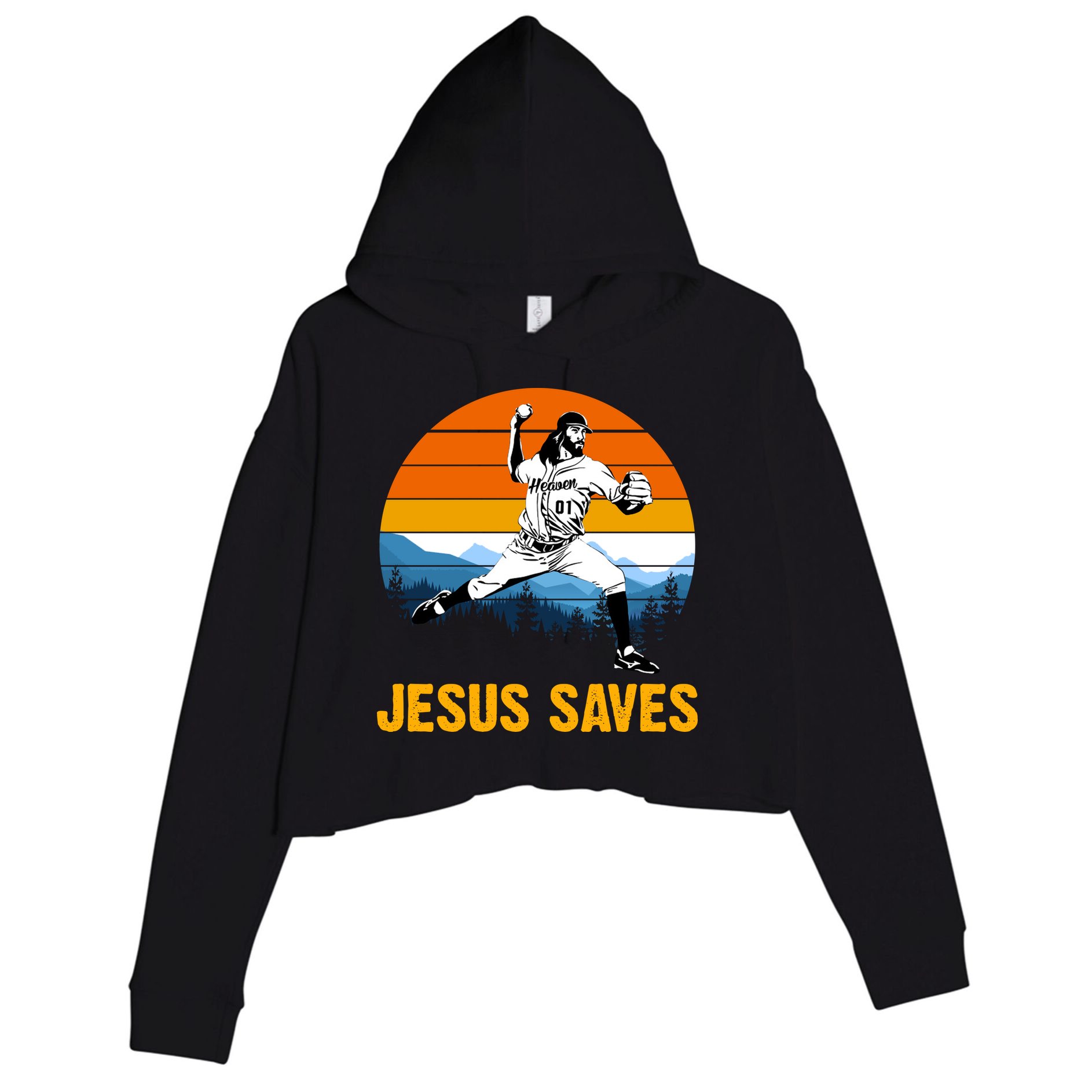 Jesus Saves Retro Baseball Pitcher Crop Fleece Hoodie