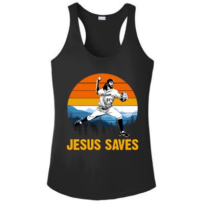 Jesus Saves Retro Baseball Pitcher Ladies PosiCharge Competitor Racerback Tank
