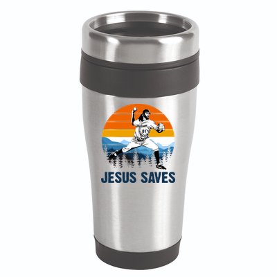 Jesus Saves Retro Baseball Pitcher 16oz Travel Tumbler